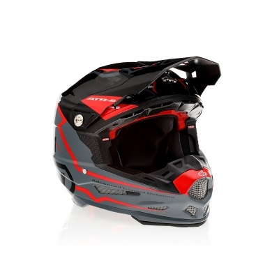 Capacete integral cinzento, vermelho e preto com viseira ajustável para motocross