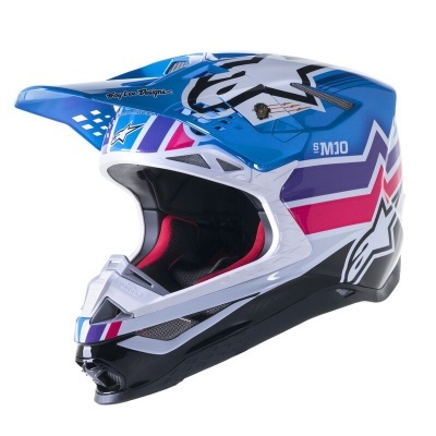 Capacete de motocross azul branco rosa roxo com padrões e texto M10