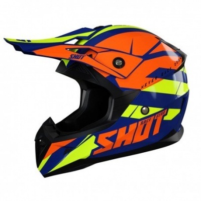 Capacete motocross azul laranja amarelo fluorescente SHUT com viseira