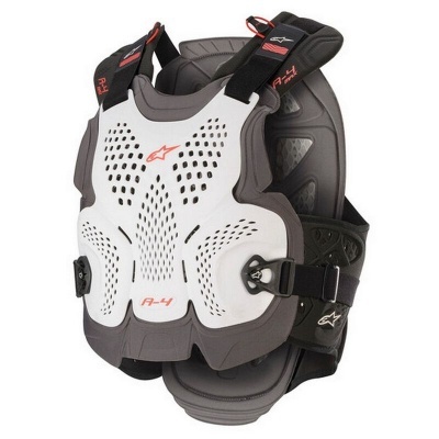 Colete protector motorizado cinza e branco com tiras pretas e logótipos Alpinestars