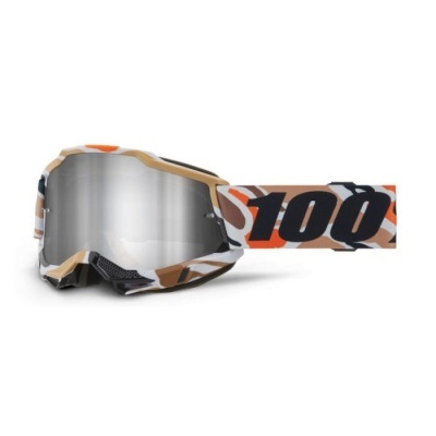 Óculos de proteção para motocross com padrões camuflados e texto '100' na faixa.