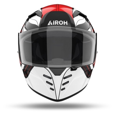 Capacete integral branco com detalhes em preto e vermelho e viseira transparente