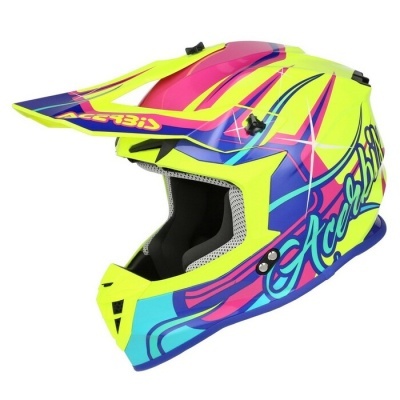 Capacete de motocross colorido com texto Acid Shib