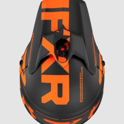 Capacete para motocross preto e laranja com marca FXR