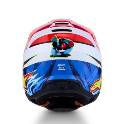 Capacete integral colorido com pássaro e texto ALPINESTARS