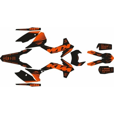 Autocolantes para mota KTM em preto e laranja com texto e padrões gráficos