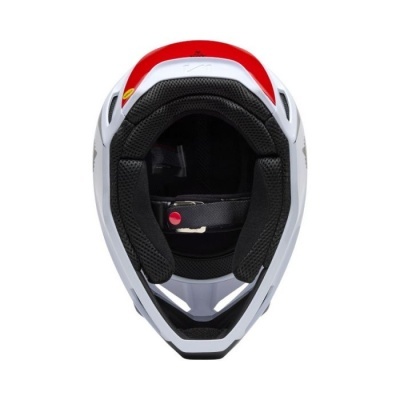 Capacete de motociclismo branco com interior acolchoado preto e detalhe vermelho