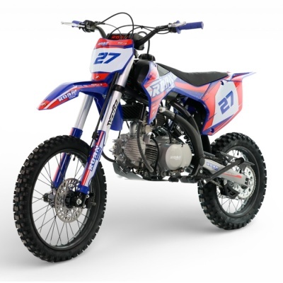 Moto de motocross azul, vermelho e branco com número 27 e marca RDXAN