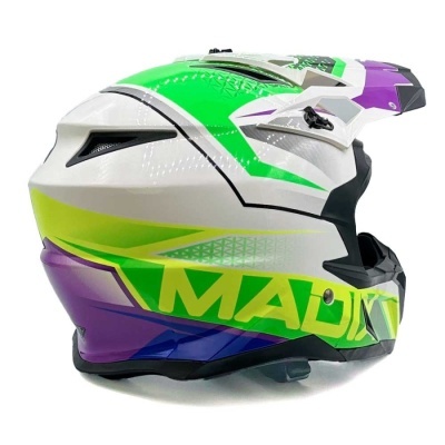 Capacete motocross branco verde roxo amarelo com texto MAD na lateral