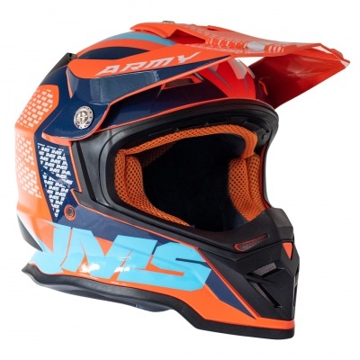 capacete motocross laranja azul e preto com interior acolchoado laranja
