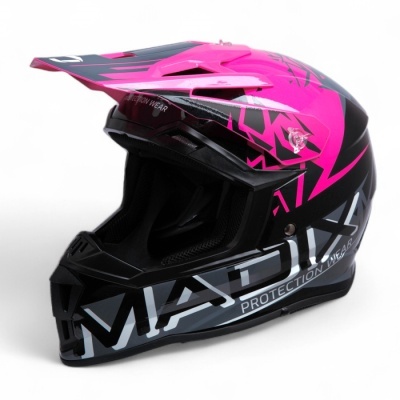Capacete de motocross preto com detalhes rosa e texto MADIX PROTECTION WEAR