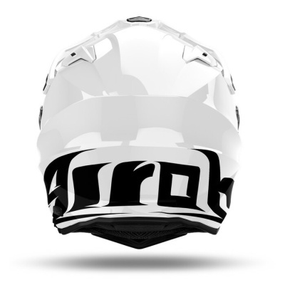 Capacete de motocross branco com texto preto 'Airoh' na parte traseira