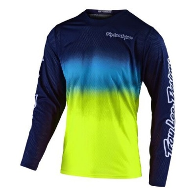 Camisola desportiva manga comprida azul e amarelo fluorescente com texto Troy Lee Designs.