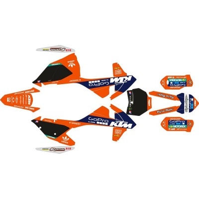 Autocolantes para mota KTM em laranja, azul, preto e branco com logos e padrões geométricos