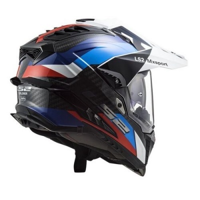 Capacete de motociclista LS2 MXsport azul, branco, vermelho e preto com viseira transparente
