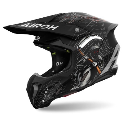 Capacete de motocross preto com teias de aranha e figura da Morte