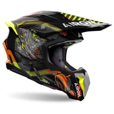Capacete de motocross preto com detalhes gráficos coloridos e texto AIROH