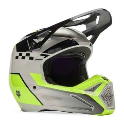 Capacete integral para motocross cinza, preto e verde fluorescente com viseira