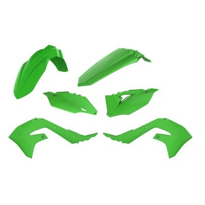 Peças plásticas verdes para motocicleta em fundo branco