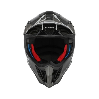 Capacete de motocross Acerbis preto com interiores vermelhos e detalhes azuis