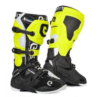 Botas de motocross preto e amarelo fluorescente com fechos de fivela