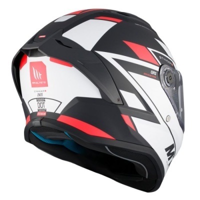 Capacete integral preto, branco e vermelho com visor transparente e gráficos geométricos