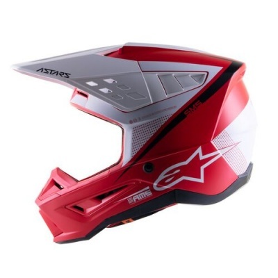 Capacete motocross vermelho, cinzento e branco com logótipo Alpinestars