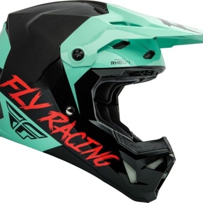 Capacete integral de motocross preto e verde água com texto vermelho FLY RACING
