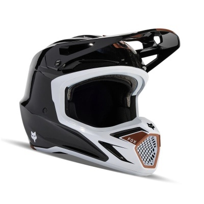 Capacete integral motocross preto, branco e castanho com visor e grelha frontal FOX