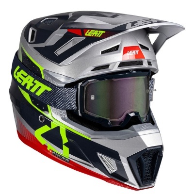 Capacete integral motocross cinza preto vermelho amarelo LEATT com óculos de proteção