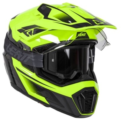 Capacete de motocross amarelo fluorescente com óculos e viseira transparente