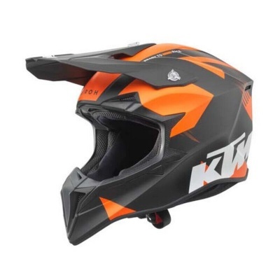 Capacete de motocross preto e laranja com logo KTM