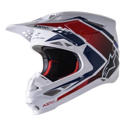 Capacete de motocross branco com detalhes vermelhos e azuis