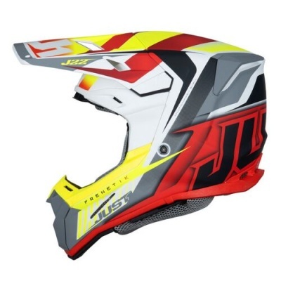 Capacete de motocross colorido com textos e viseira ajustável.