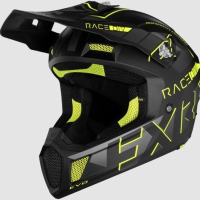 Capacete motocross preto e amarelo com texto RACE e FXR