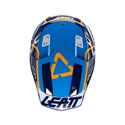 Capacete azul e amarelo com design geométrico e texto LEATT