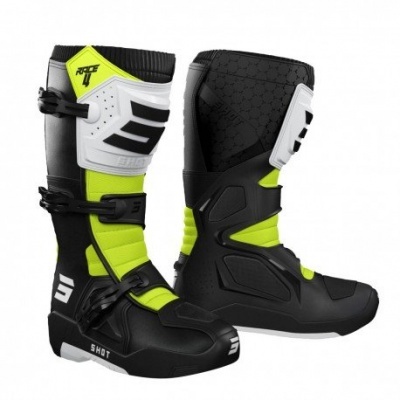 Bota de motocross preta, verde fluorescente e branca com fechos de fivela e texto SHOT.