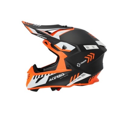 Capacete motocross preto, laranja e branco com visor e texto ACERBIS, X-TRACK