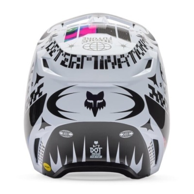 Capacete branco com detalhes e texto preto, visto de trás