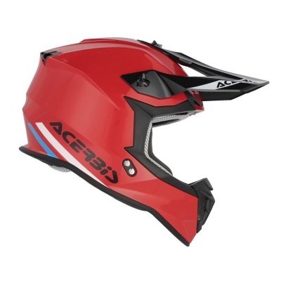 Capacete integral vermelho com detalhes pretos e azuis e marca ACERBIS