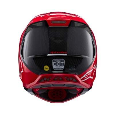 Capacete integral vermelho com viseira escura e etiquetas de segurança