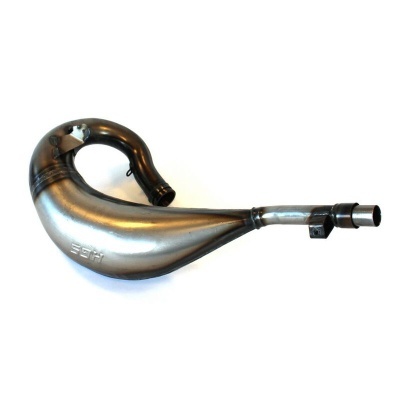 Escape metálico prateado e preto para mota com inscrição SPM