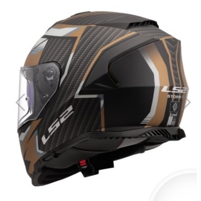 Capacete integral LS2 preto com padrão castanho e cinza e viseira transparente