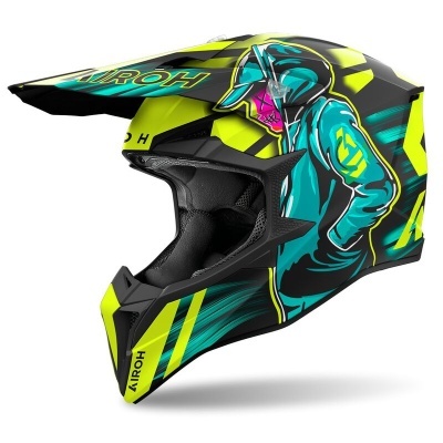 Capacete de motocross preto com gráficos coloridos e logotipo AIROH