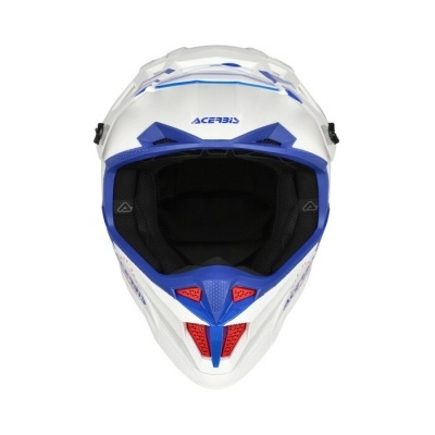 Capacete integral branco, azul e vermelho para motocross com interior acolchoado preto