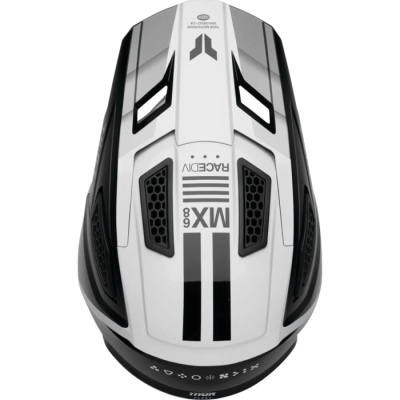 Capacete de motociclismo branco e preto com texto RACEDAY MX8 68
