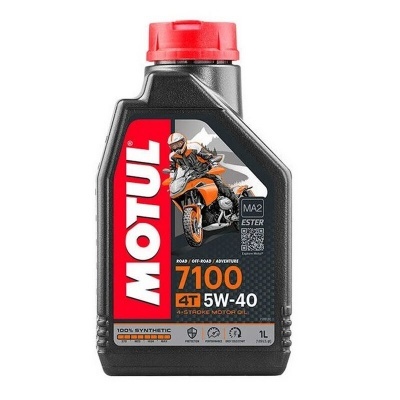 Frasco preto de óleo para motor Motul 7100 4T 5W-40 com tampa vermelha e rótulo com motociclista