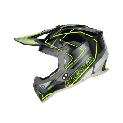 Capacete motocross Acerbis preto com padrões verde neon e cinza