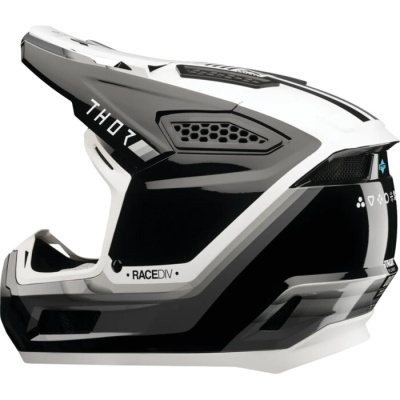 Capacete integral preto, branco e cinza com texto THOR e RACEDIV