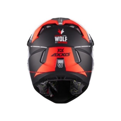Capacete de mota preto e vermelho com logótipos AXXIS e WOLF